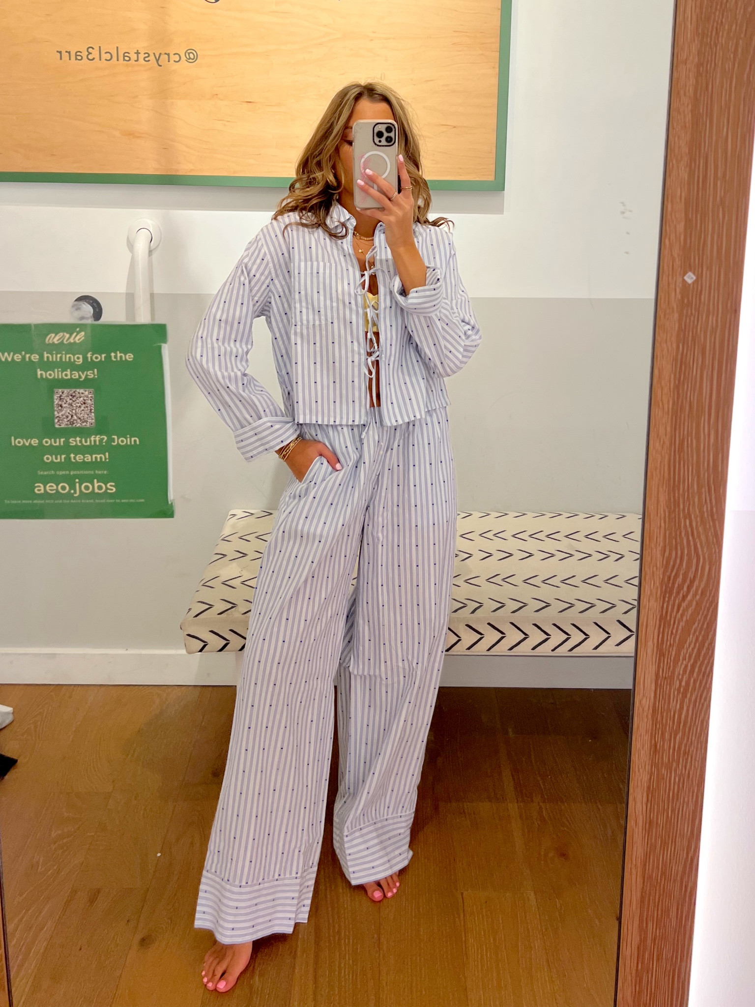 Aerie in store try on haul. wearing a size XS in the cute new pjs. perfect spring outfit 🍋💗