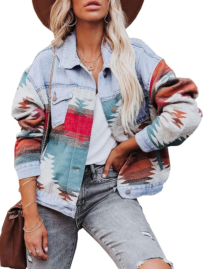 Joiemont Womens Aztec Denim Jacket Lapel Button Down Print Coat Long Sleeve Vintage Denim Shacket | Amazon (US)