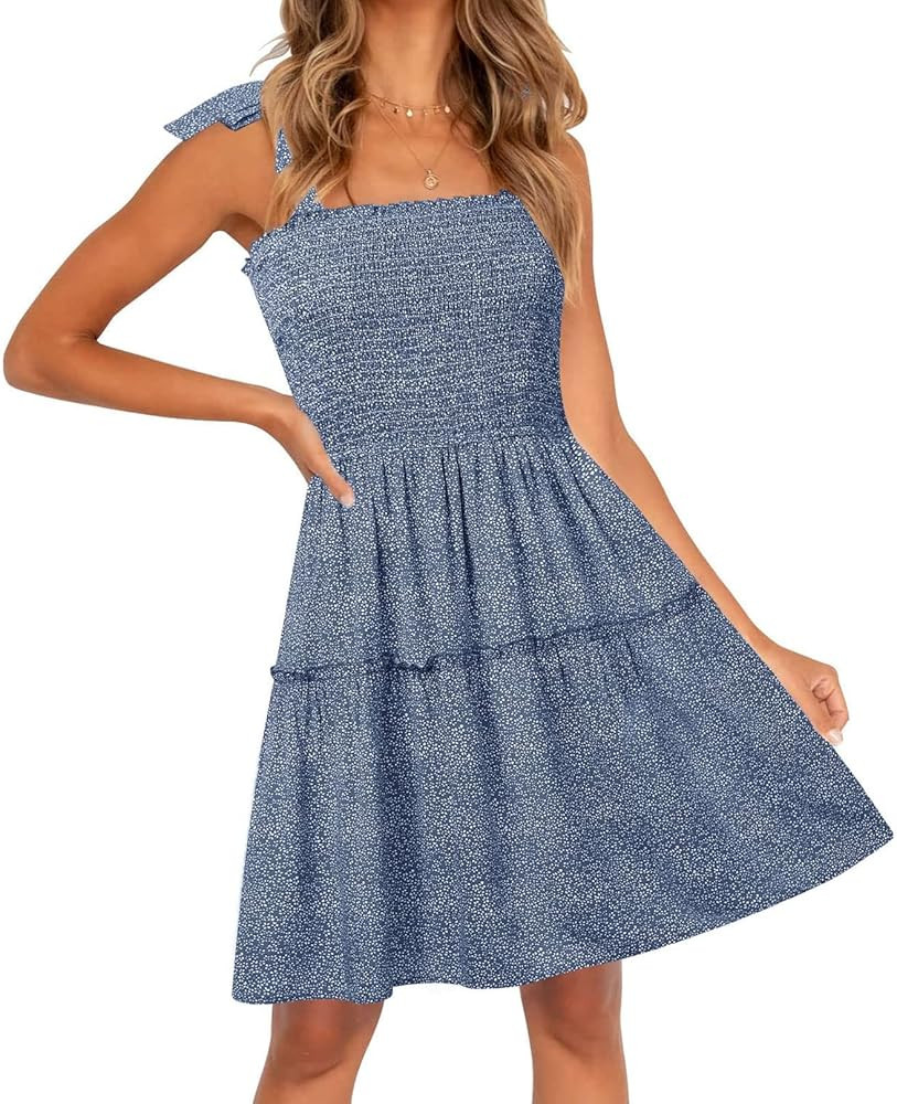 ZESICA Women's Summer Boho Floral Printed Spaghetti Strap Square Neck Ruffle A Line Swing Beach M... | Amazon (US)