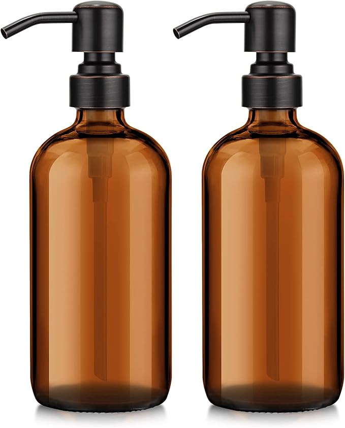 AmazerBath Amber Glass Soap Dispenser, 2 Pack Thick Glass Soap Dispenser with Bronze Stainless St... | Amazon (US)