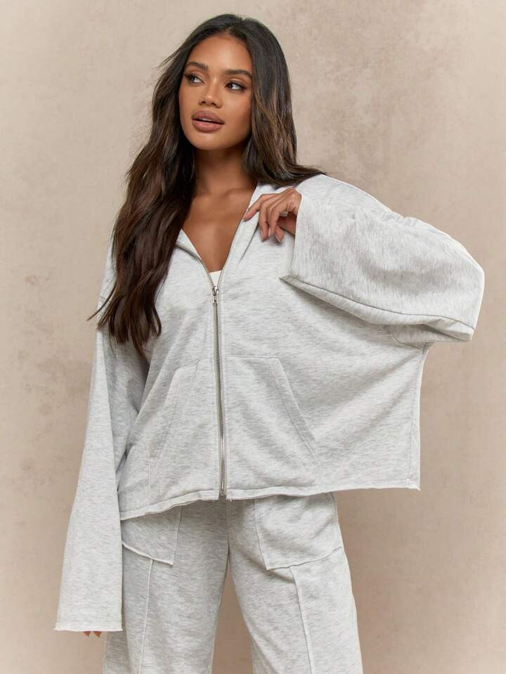 MISSGUIDED Zip Through Flare Long Sleeves Raw Hem Hooded Sweatshirt | SHEIN