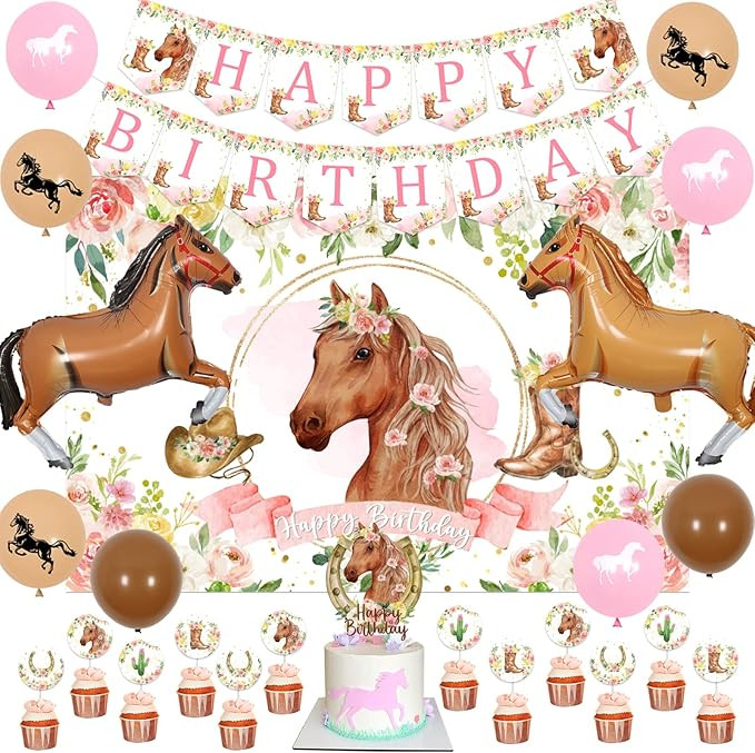 Horse Birthday Party Decorations Kit for Girls - Horse Theme Banner & Photo Backdrop, Horse Cake ... | Amazon (US)