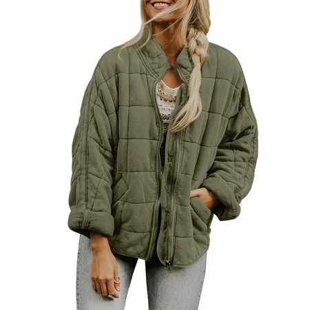 DcoolMoogl Womens Dolman Lightweight Quilted Jackets Zip Up Long Sleeve Solid Color Stand Neck Warm Winter Outwears | Walmart (US)