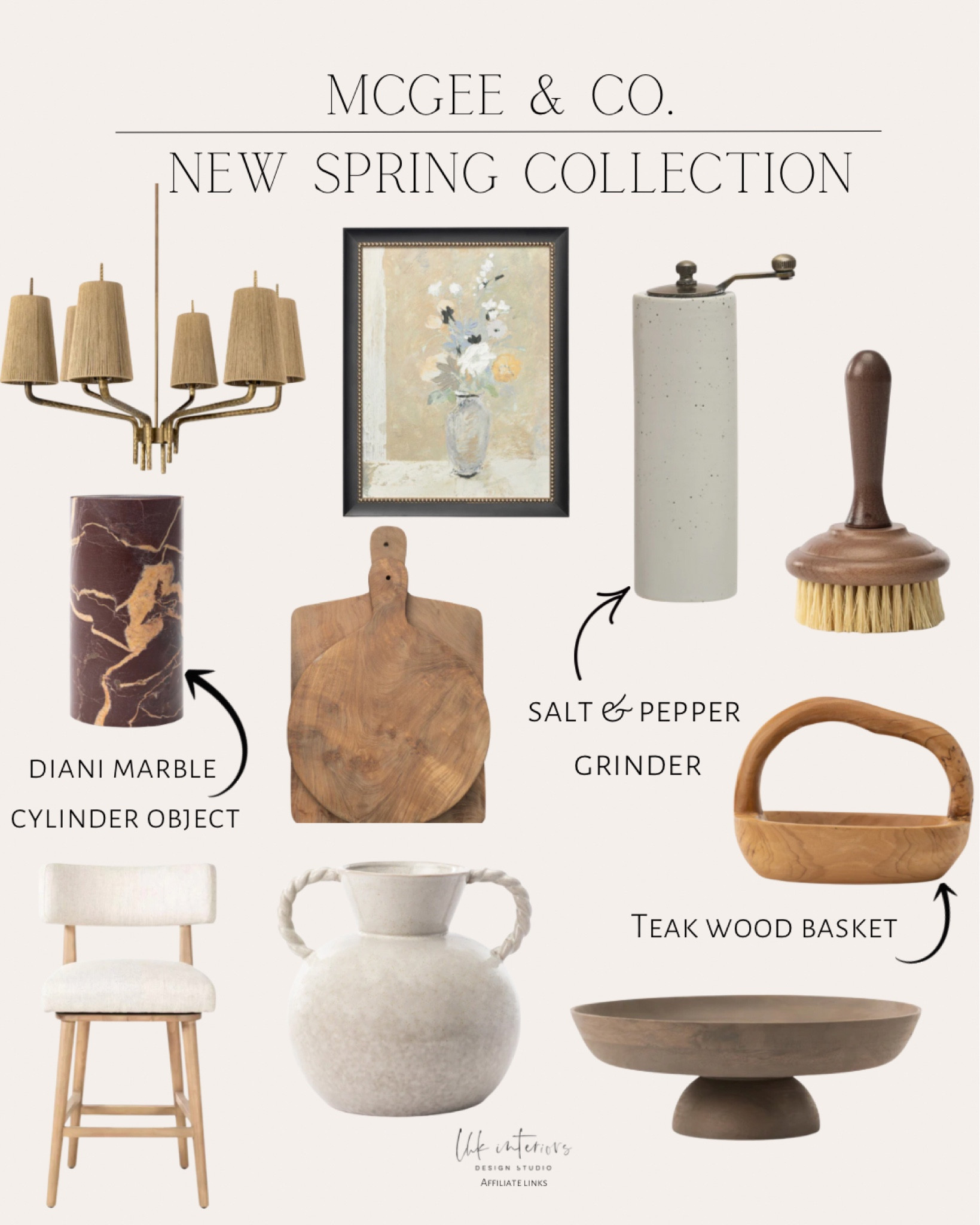 McGee & Co. New Spring Collection 
Renee chandelier  / Maylee footed bowl / white speckled salt & pepper grinder / beech wood sisal brush / Tyrion vase / organic teak wood basket / nance swivel stool / Diani marble cylinder object / spring fresh cuts wall art / Boyland bread board 

#LTKhome #LTKSeasonal