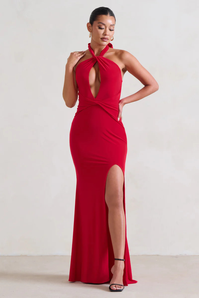 Luxuria | Red Halter Cut Out Maxi Dress | Club L London