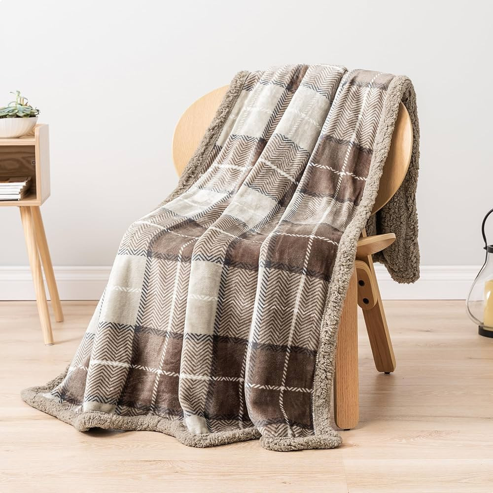 PAVILIA Taupe Plaid Sherpa Throw Blanket for Couch, Plush Flannel Fleece Blanket and Throws, Soft... | Amazon (US)