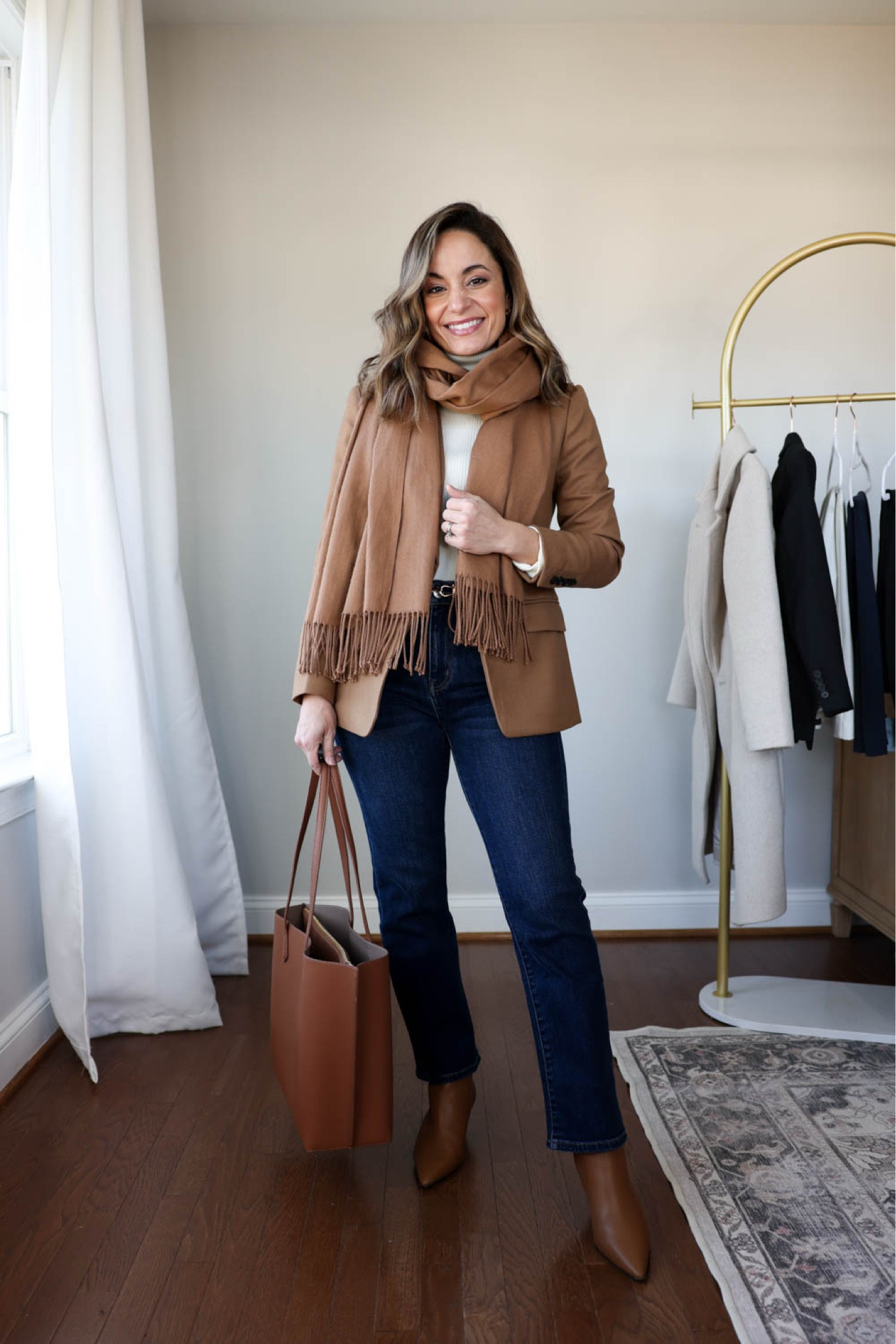 Winter workwear capsule series: outfits for work with jeans! 

This capsule has 16 pieces (not including shoes and bags) and 30 outfits! 

White turtleneck (aritzia): xs birch 
Camel blazer (j.crew): petite 00 
Camel sweater (quince): xs teak 
Jeans (quince): 24x26 


Tan boots are sold out (but linked in case they restock) 

My measurements for reference: 4’10” 105lbs bust, waist, hips 32”, 24”, 35” size 5 shoe. 25” inseam measurement to my ankle bone.