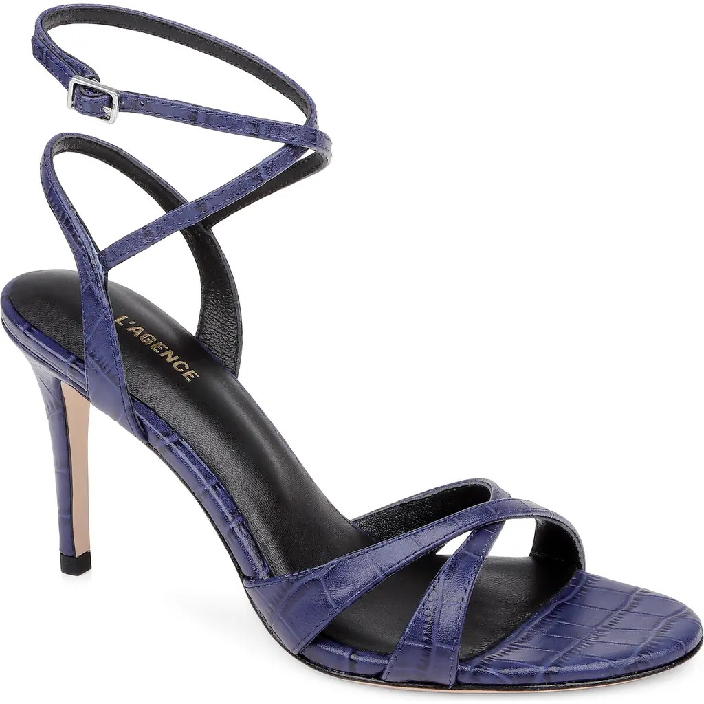 L'AGENCE Miranda Ankle Strap Sandal in Midnight Croco Embossed at Nordstrom, Size 8 | Nordstrom