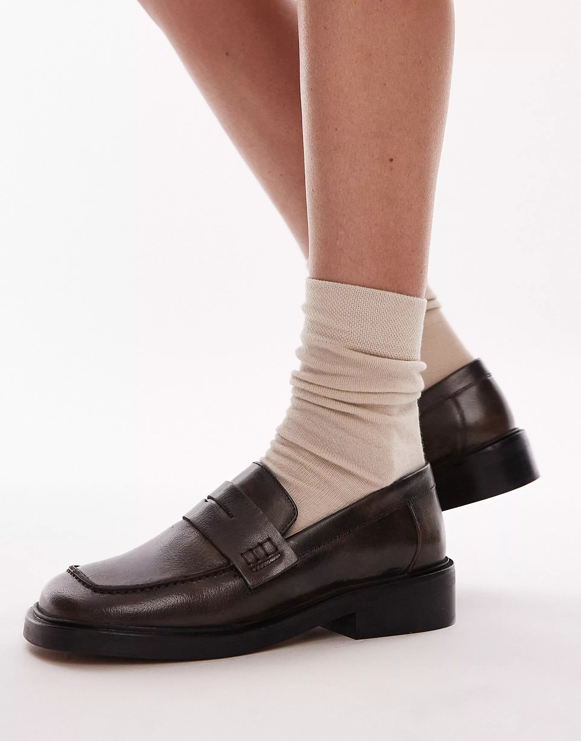 Topshop Cole premium leather square toe loafers in brown | ASOS (Global)