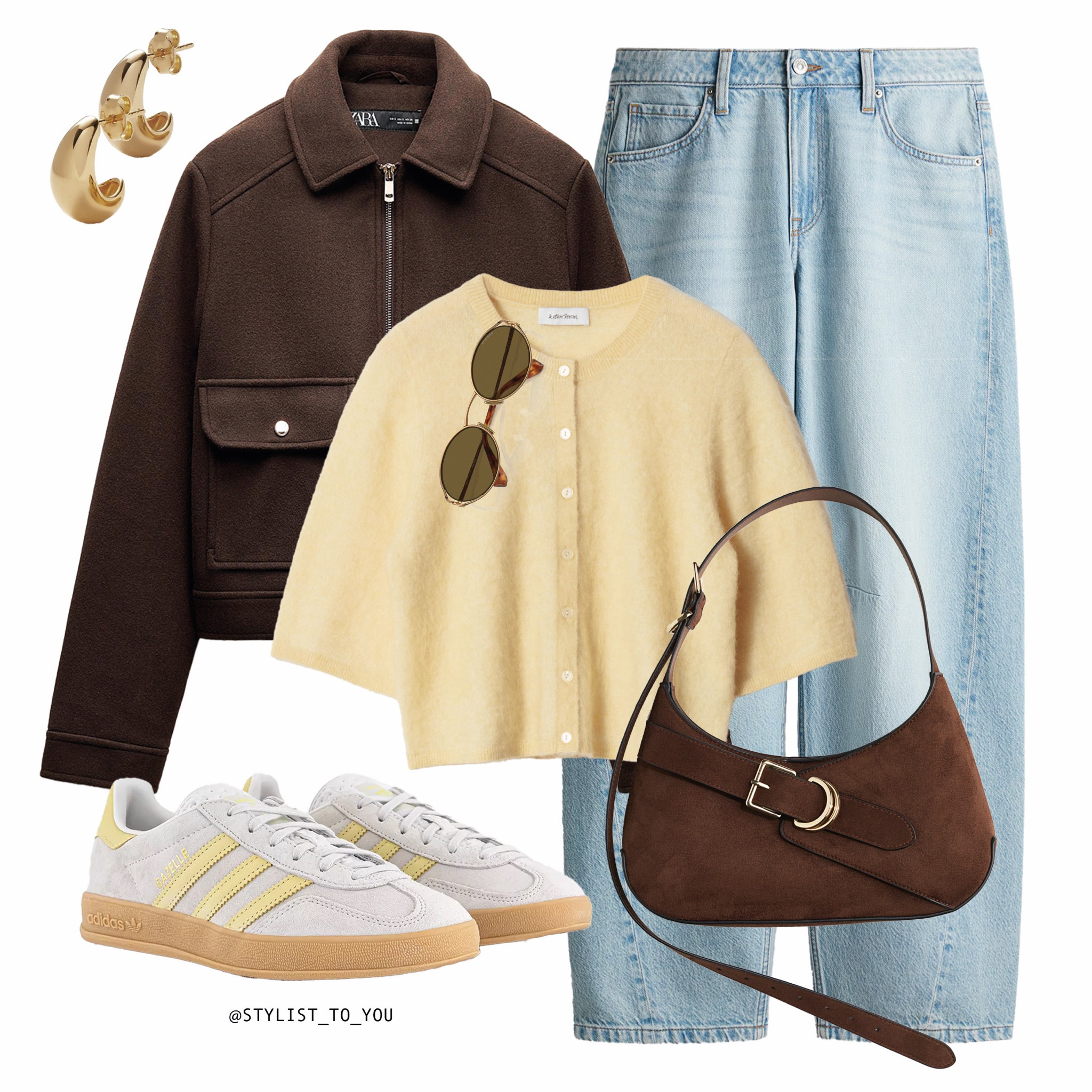 Lemon for Spring 🍋💛

 A stylish combination of a dark brown cropped jacket, a soft lemon butter yellow button-up short sleeve cardigan, light-wash barrel jeans, cream Adidas sneakers with yellow stripes, gold hoop earrings, oval sunglasses, and a brown suede buckle strap shoulder bag. brown jacket, cropped jacket, Zara jacket, bomber jacket, dark brown, soft yellow, cardigan, pastel cardigan, light blue jeans, barrel leg jeans, carrot leg heans, vintage denim, Adidas trainers, Gazelle, pastel outfit, brown and yellow, retro aesthetic, chic casual, trendy look, neutral tones, gold jewellery, hoop earrings, streetwear, effortless chic, fashionista style, modern wardrobe, statement outfit, fall fashion, spring outfit, preppy style, urban chic, high fashion, cozy and cool, classic fashion, soft girl aesthetic, cool girl look, designer-inspired, minimalist outfit, casual daywear

#LTKspring #LTKuk #LTKdatenight