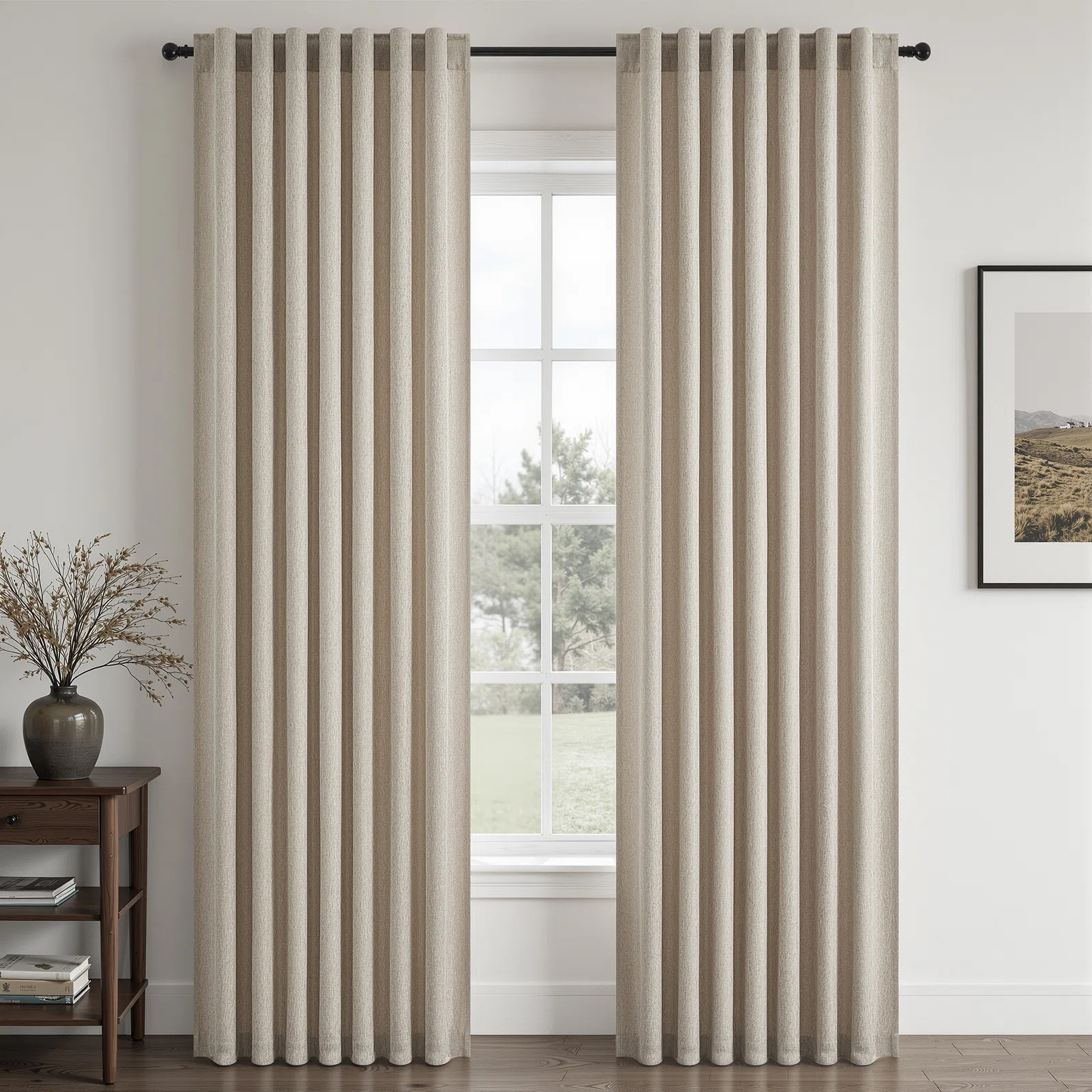 Linen Textured Farmhouse Semi Sheer Window Curtain,Back Tab Hooks Drapes,Pleated Heading Tape (Set of 2 With Hooks) | Wayfair North America