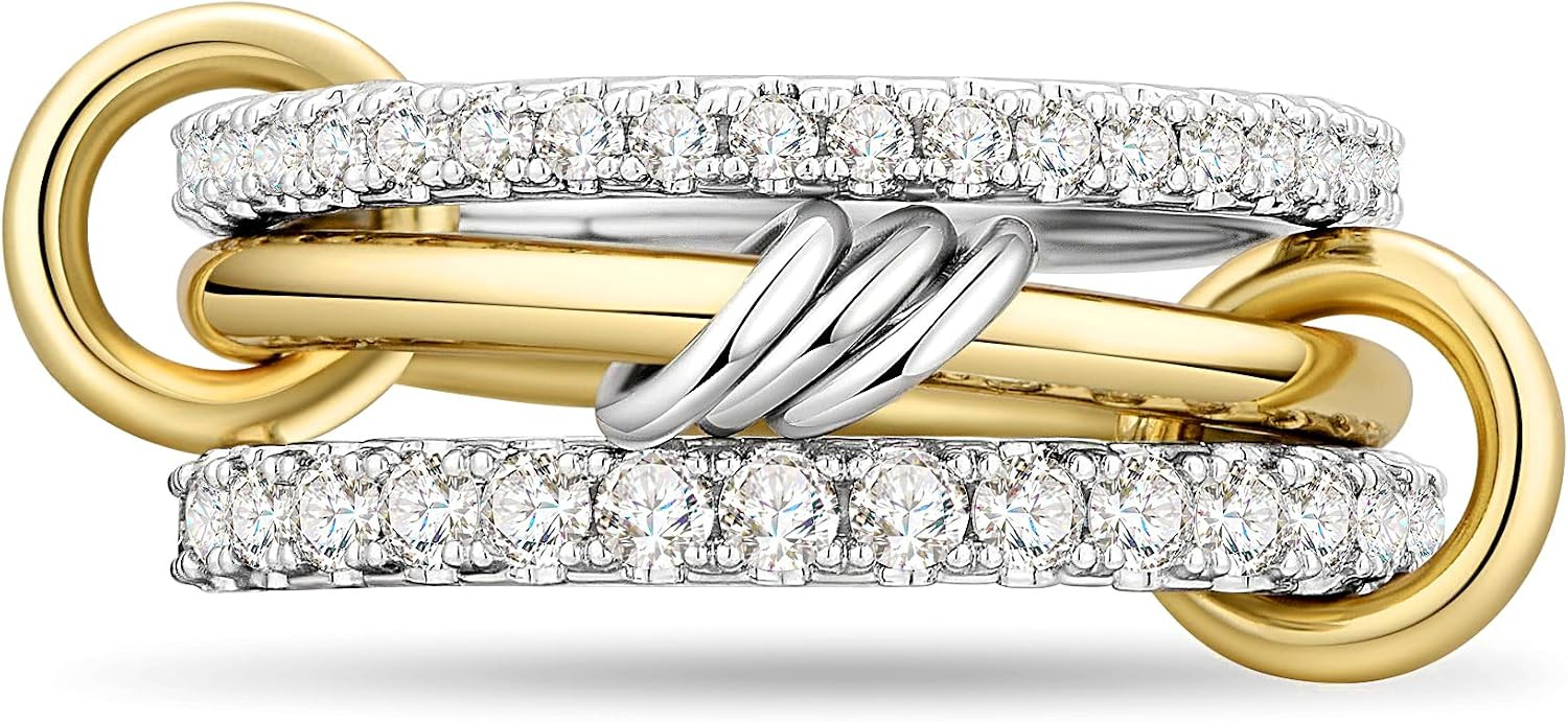 AllenCOCO 14K Gold Plated Stackable Rings, 3 Ring Set with CZ Cubic Zirconia, Gold & Silver Stacked, Interlocking Band for Women Statement | Amazon (US)
