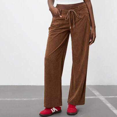1pc Women's Brown Corduroy Wide Leg Low-Rise Casual, Vintage Pants For Autumn/Winter | SHEIN