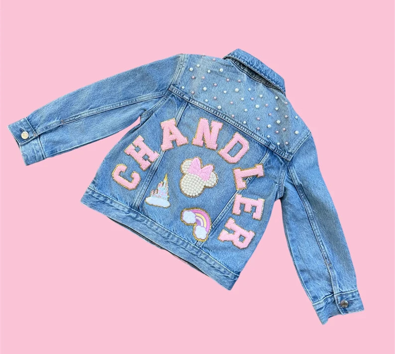 Disney  Minnie Jean Jacket with pink and ivory  pearls on the back and  front  for baby , toddler... | Etsy (US)