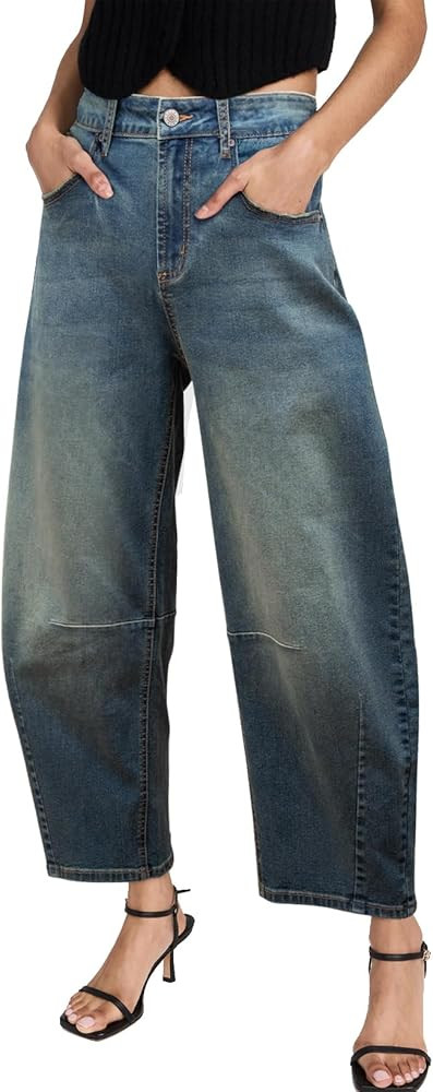 Sidefeel Women's Barrel Jeans Wide Leg Vintage Mid Rise Y2k Baggy Boyfriend Ankle Denim Pants | Amazon (US)