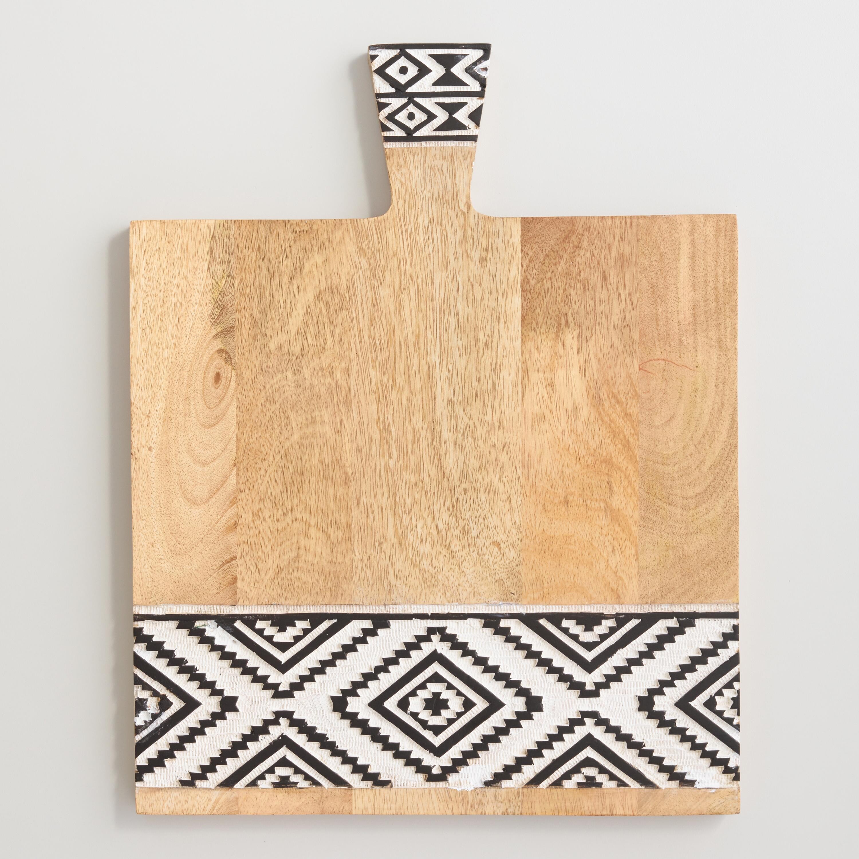 Square Black and White Geometric Carved Wood Cutting Board | World Market