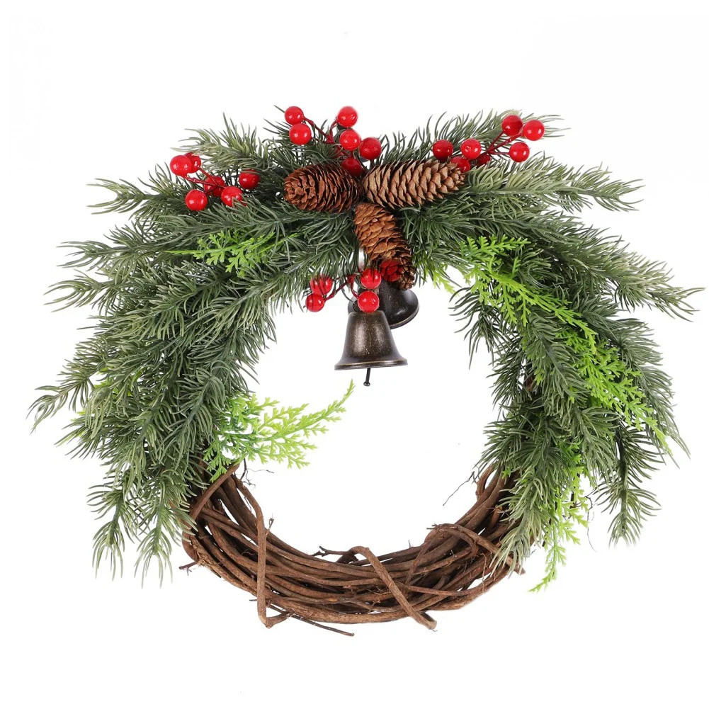 Christmas Wreaths for Front Door, Farmhouse Winter Rattan Wreath with Pine Cones Golden Bells and... | Walmart (US)
