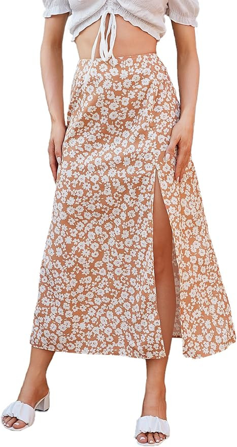 Floerns Women's Boho Floral High Waist Split A Line Midi Skirt | Amazon (US)