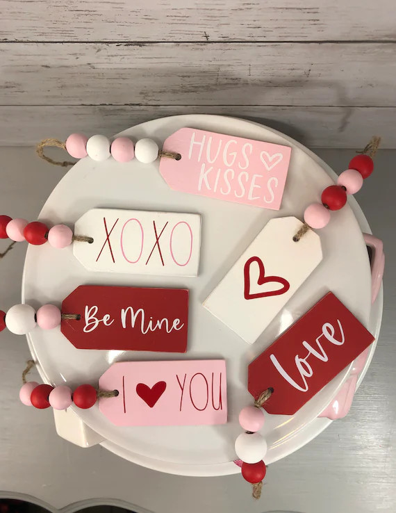 Wood Valentine's Day Tray Tags | Personalized Tray Tags | Valentines Decor |Red Pink White Beaded... | Etsy (US)