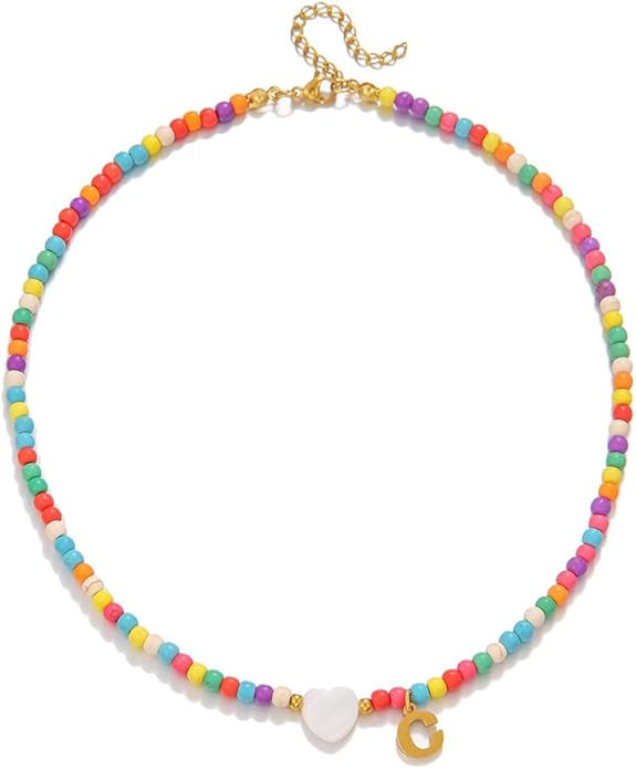 Gold Initial Necklace for Women - Handmade Bohemian Colorful Beaded Initial Stainless Steel 18K P... | Amazon (US)
