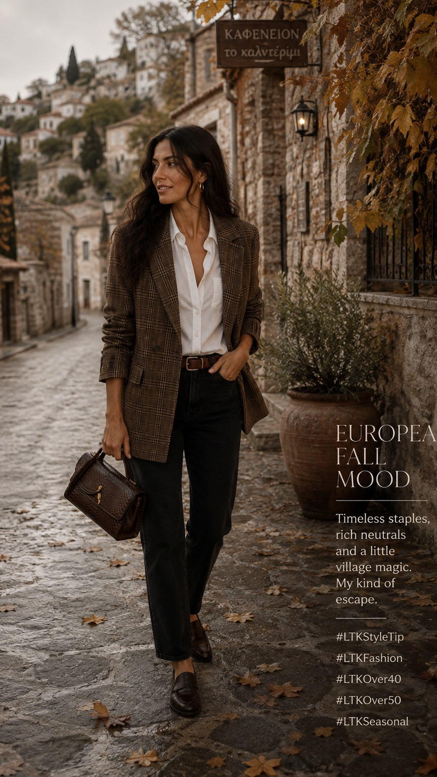 European fall style with a Mediterranean soul. 🤎🍂 A tailored plaid blazer, crisp white shirt, black denim and rich brown accessories — timeless pieces that make getting dressed feel effortless. Perfect for cool-weather strolls through old stone streets and cozy village cafés.

#LTKStyleTip #LTKFashion #LTKOver50 #LTKSeasonal #LTKTravel

#LTKdayinmylife
