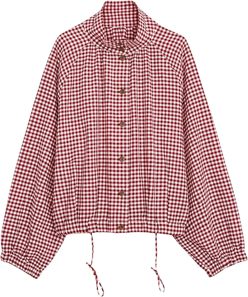 Shiyifa Womens Gingham Bomber Jacket Lightweight Stand Collar Casual Coat | Amazon (US)