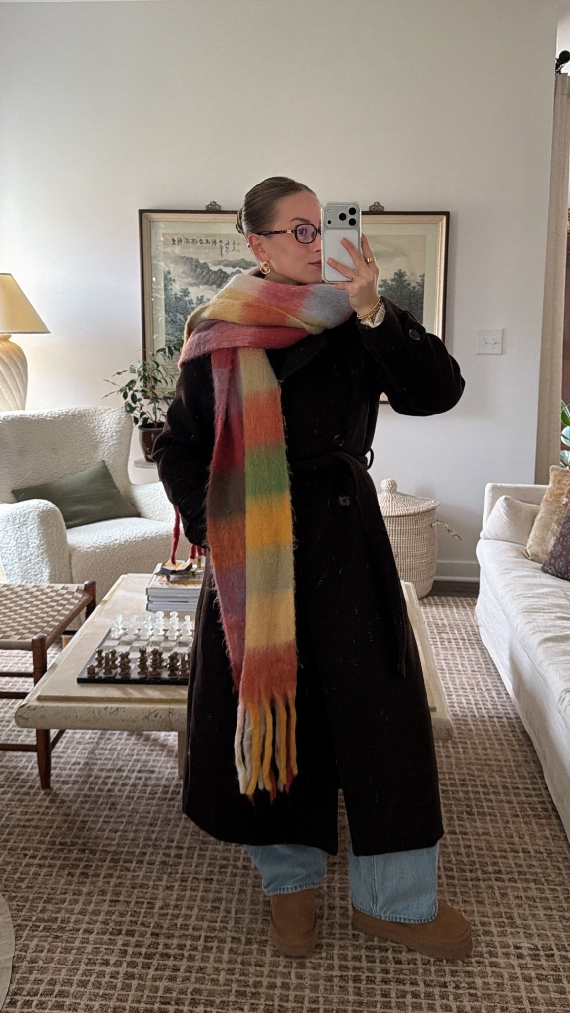 12/4/25 my casual bundled-up winter outfit of the day, linking my platform UGG-mini dupes from Amazon (so warm + comfy), my Abercrombie ultra-loose jeans, my Abercrombie brown wool jacket, my colorful Amazon blanket scarf that pulls the whole look together, my Amazon earrings, and my Amazon square blue-light glasses — the perfect cozy-practical winter uniform.



#LTKHoliday #LTKootd #LTKGiftGuide