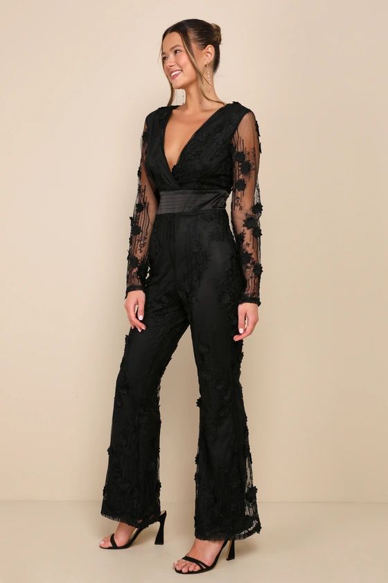 Elevated Allure Black 3D Floral Embroidered Long Sleeve Jumpsuit | Lulus