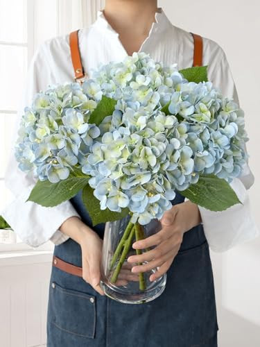 Light Blue Hydrangea Artificial Flowers,4Pcs 20" Real Touch Lifelike Silk Artificial Hydrangeas, ... | Amazon (US)