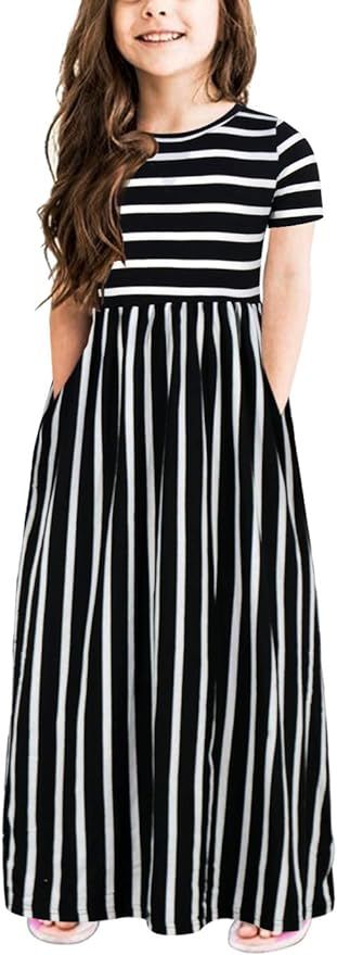 GORLYA Girl's Short Sleeve Floral Print Loose Casual Holiday Long Maxi Dress with Pockets 4-12 Ye... | Amazon (US)