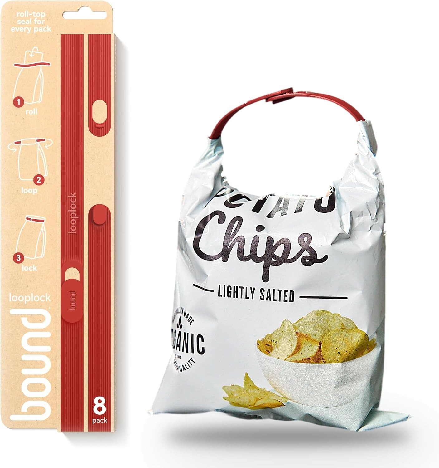 Bound Looplock Reusable Bag Sealer, Roll Top Food Storage Seal, 8 Pack, Strawberry | Amazon (US)