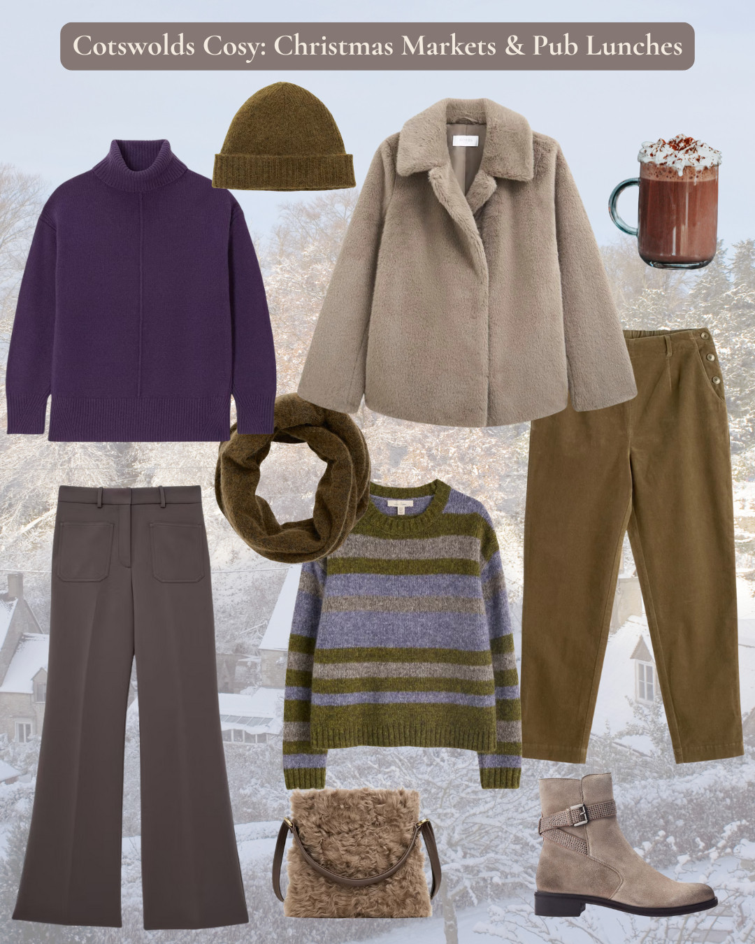 Cotswolds Christmas Markets and pub lunches - in soft greens, taupe and heather shades, practical, cosy and elegantly stylish. Faux fur jacket, cosy knits, soft hat and scarf, faux fur bag and chunky boots 

 #LTKfestive #LTKover50style #LTKstyletip