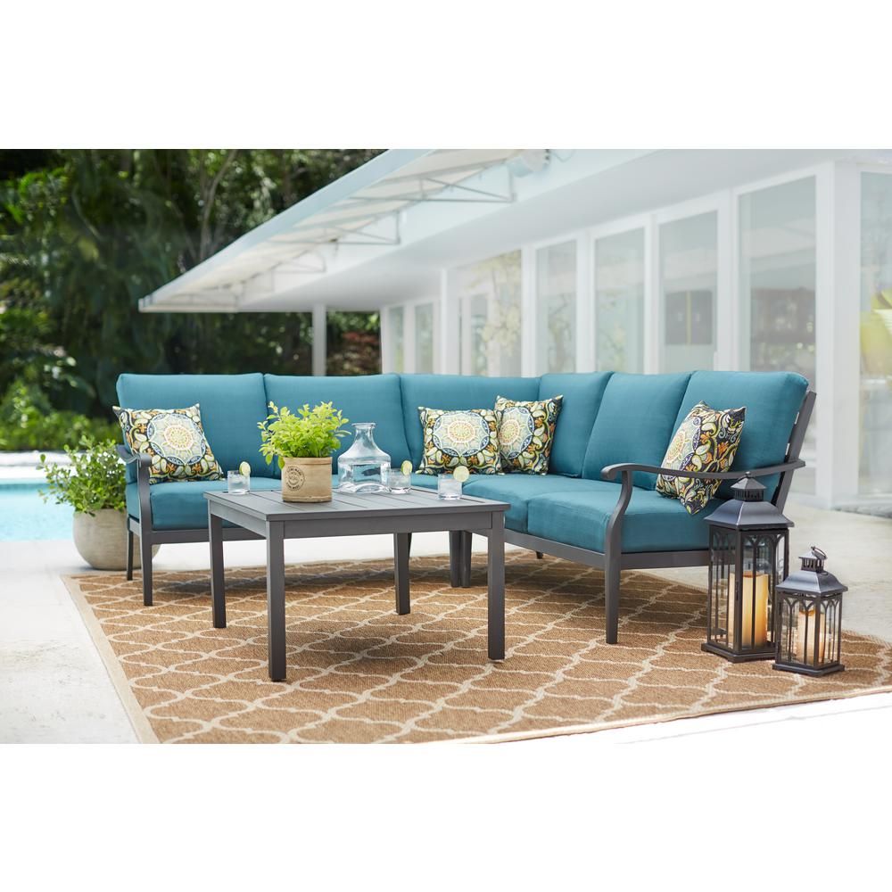 Riley 3-Piece Metal Outdoor Sectional Set with Charleston Cushions | The Home Depot