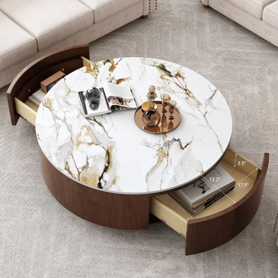 KWPZQEB Modern Round Wood Coffee Table, Center Table with Sintered Stone Top & 4 Stainless Steel Legs, Cocktail Table with 2 Drawers for Living Room | Target