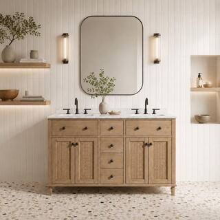Annie 55 in. W x 22 in. D x 34.5 in. H Double Bath Vanity in Weathered Fir Marble Top in Carrara ... | The Home Depot