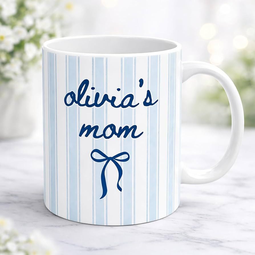 Personalized Mom Mug, Custom Coffee Cup with Blue Watercolor Stripes and Hearts, Aesthetic Mother... | Amazon (US)