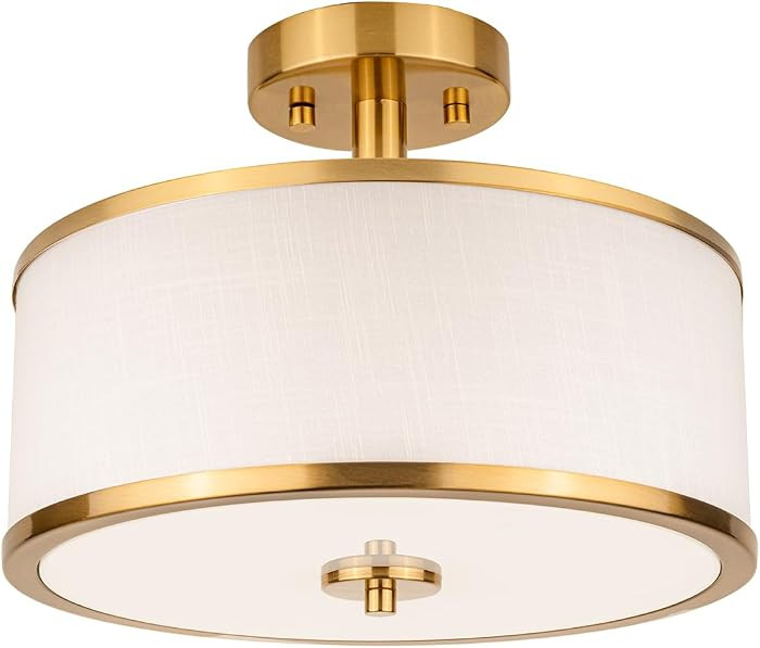 Edwarmlux 3-Light Semi Flush Mount Ceiling Light Fixture, 12.6" Gold Drum Light with White Fabric... | Amazon (US)