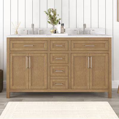 allen + roth Connery 60-in Golden Oak Undermount Double sink Bathroom Vanity with White Engineere... | Lowe's