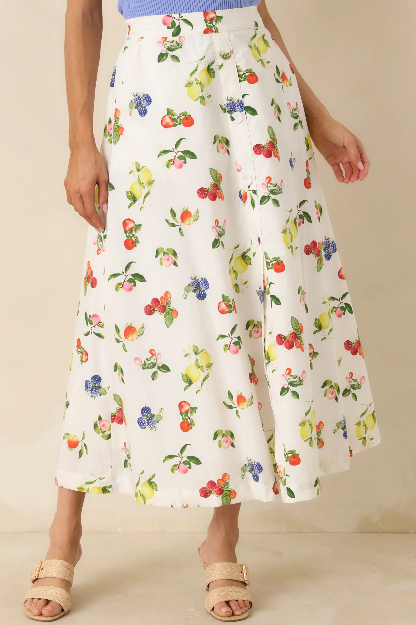 Pick of the Season White Multi Cotton Fruit Print Midi Skirt | Red Dress