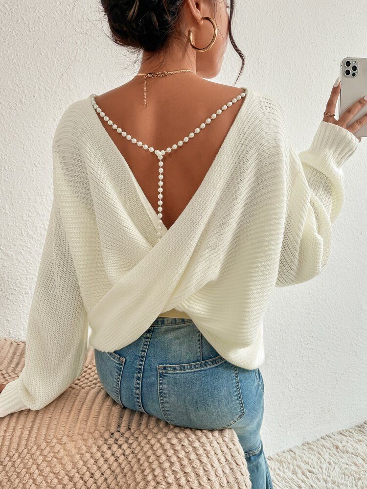 SHEIN Crossover Back Pearls Beaded Drop Shoulder Sweater | SHEIN
