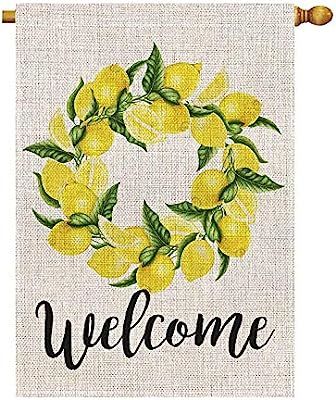 Welcome Lemon Wreath Large House Flag Vertical Double Sided 28 x 40 Inch Summer Burlap Yard Outdo... | Amazon (US)