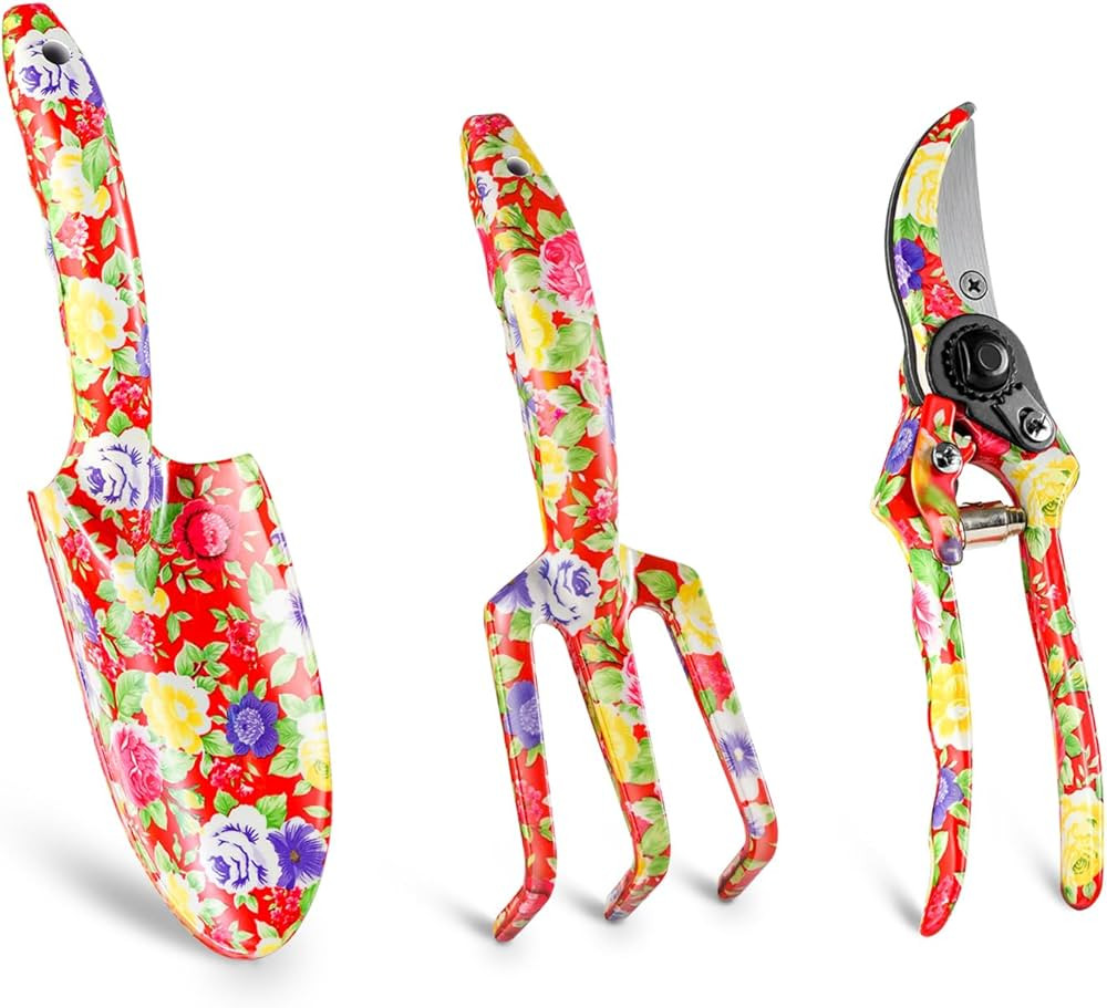 GARTOL Garden Tool Set - 3 Piece Thickly Cast Aluminum Gardening Tools Kit with Floral Paint, Hea... | Amazon (US)