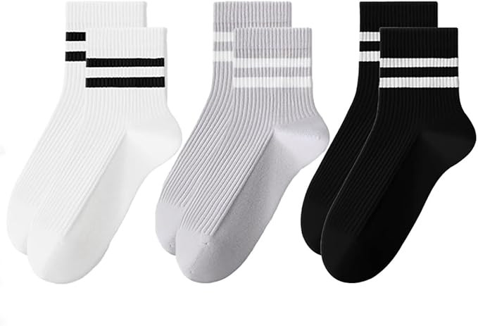 Womens 3 Pairs Solid Color Two Stripe Crew Socks Casual Athletic Socks for Women | Amazon (US)