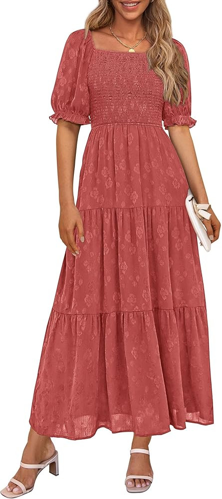 PRETTYGARDEN Women's 2026 Summer Casual Midi Dresses Square Neck Short Sleeve Smocked A Line Flor... | Amazon (US)