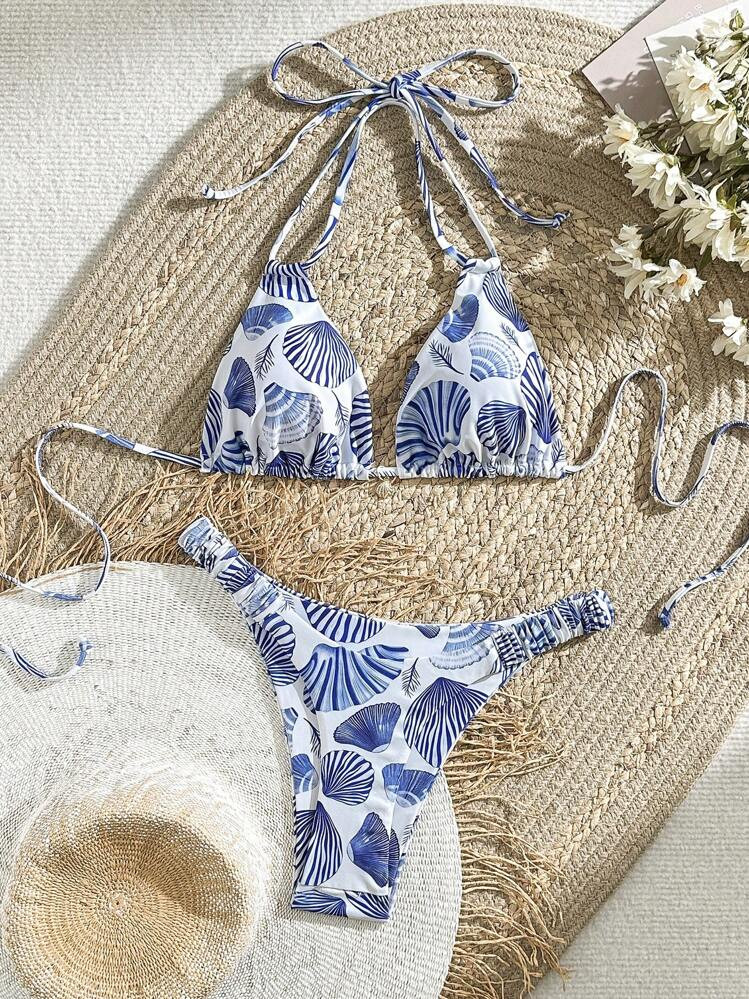Women's Summer Beach Shell Print Halter Neck Tie Sexy Bikini Set, Random Print | SHEIN
