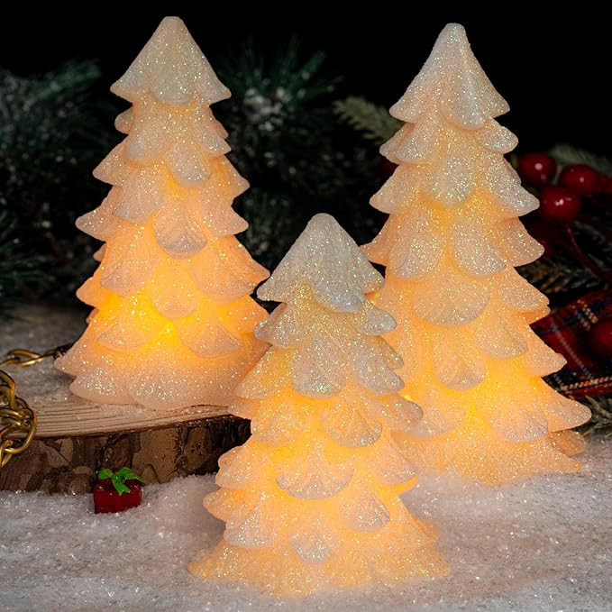 White Glittering Christmas Tree Shaped Flameless Candles with Timer, Real Wax Flickering Battery ... | Amazon (US)