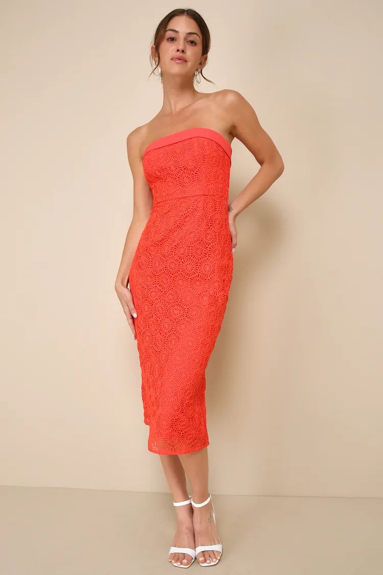 Chic Intent Bright Red Crochet Textured Strapless Midi Dress | Lulus