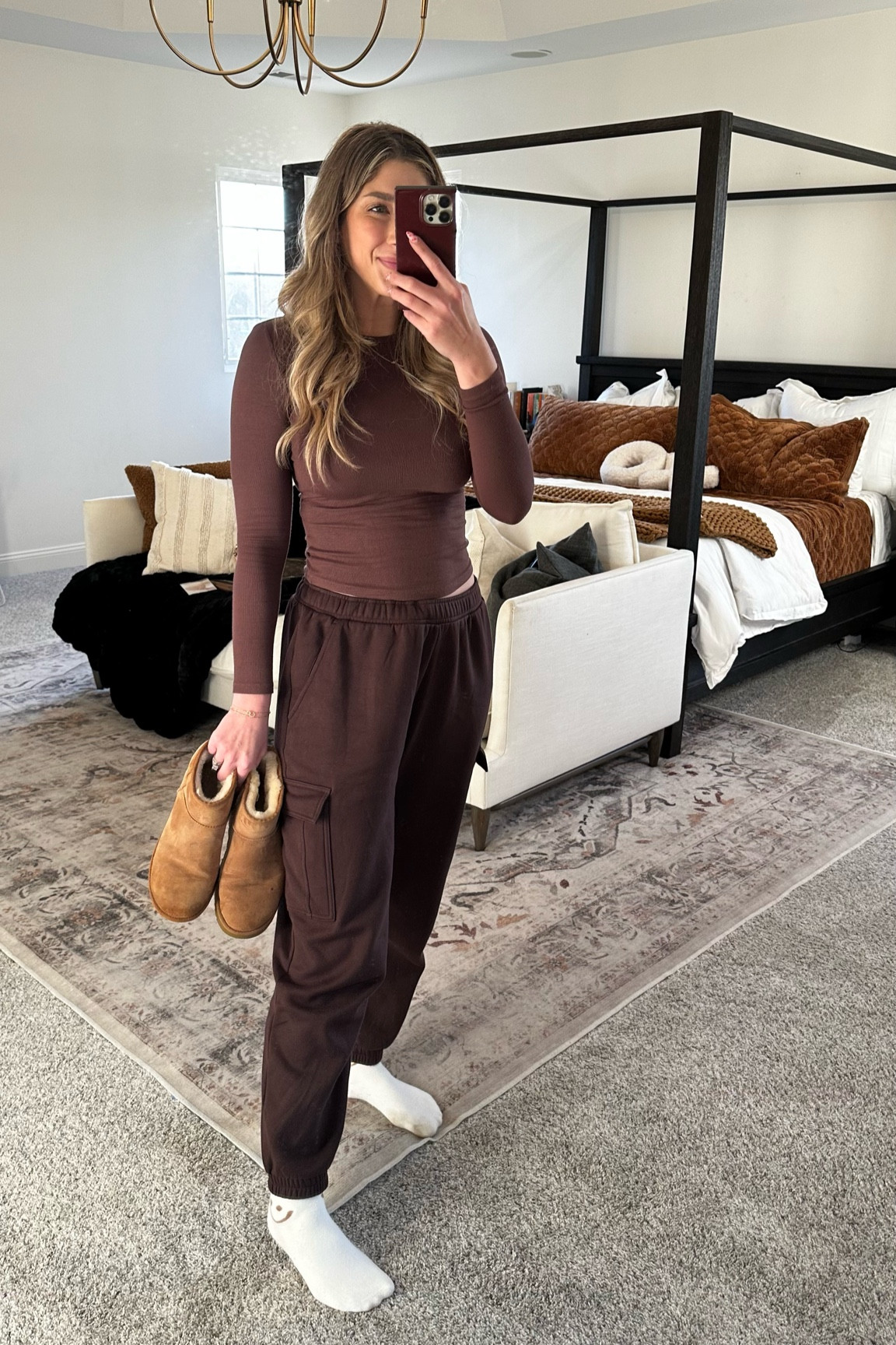 Monochrome brown sweatpant cargo pant long sleeve tee ugg minis. Smiley neutral socks. Travel airport outfit. Target finds 

#LTKSeasonal #LTKstyletip #LTKfindsunder50