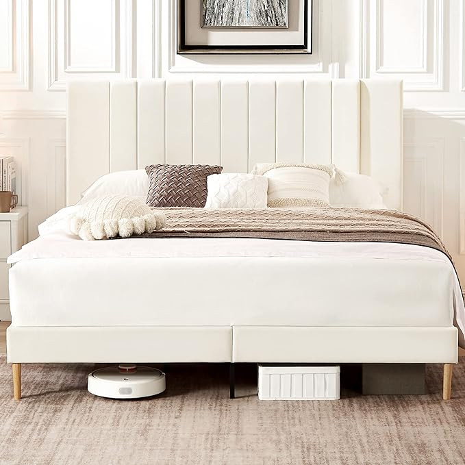 Flolinda King Size Platform Bed Frame with Velvet Upholstered Headboard and Wooden Slats Support,... | Amazon (US)