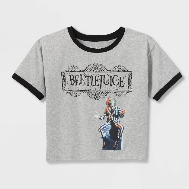 Girls' Beetlejuice Halloween Cropped Graphic T-Shirt - Black/Heather Gray | Target